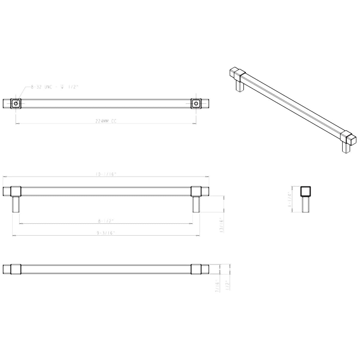 Jeffrey Alexander - 293-224SN - Zane 8-13/16" (224mm) Center to Center Square Bar Cabinet Handle / Drawer Pull in Satin Nickel