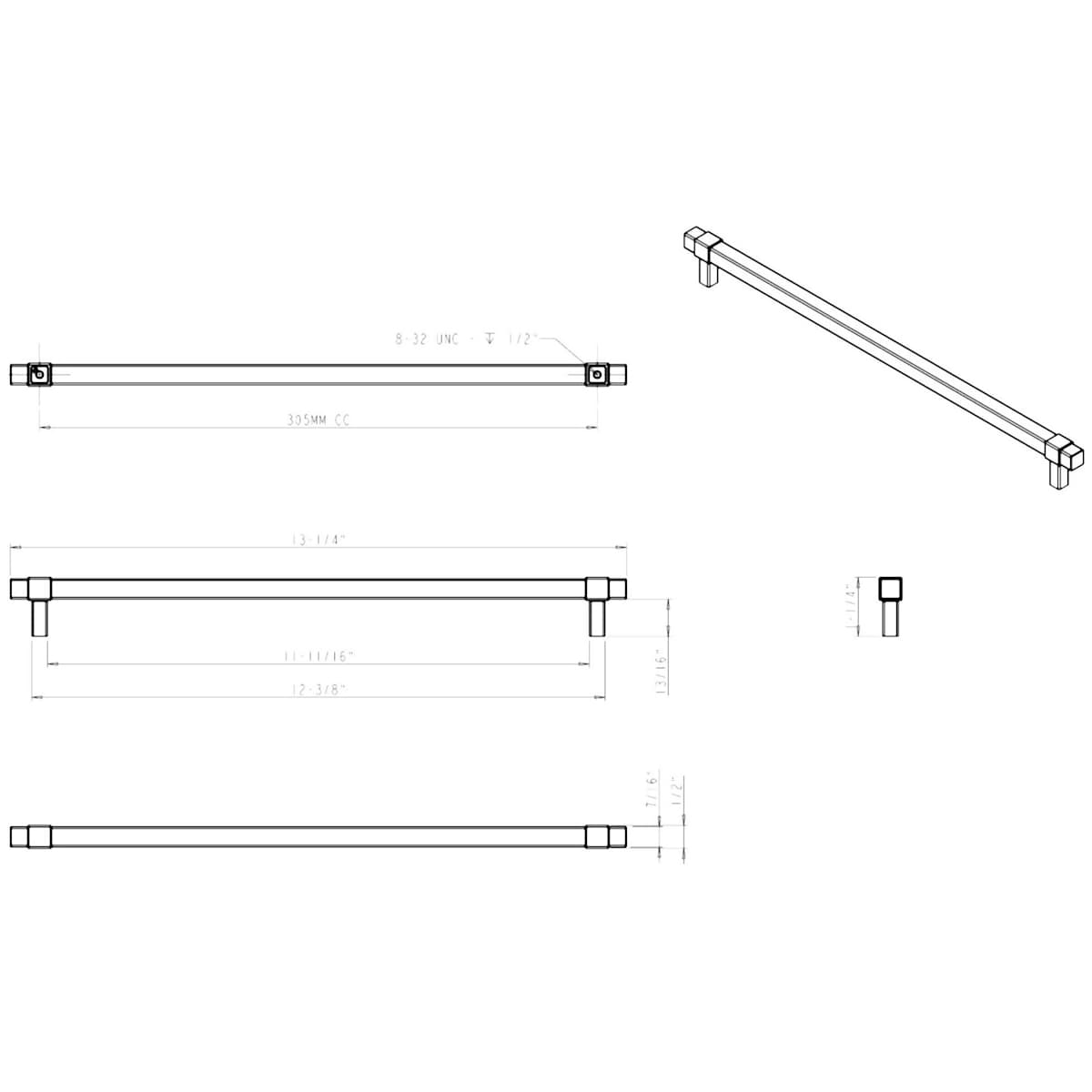 Jeffrey Alexander - 293-305PC - Zane 12" (305mm) Center to Center Square Bar Large Cabinet Handle / Drawer Pull in Polished Chrome