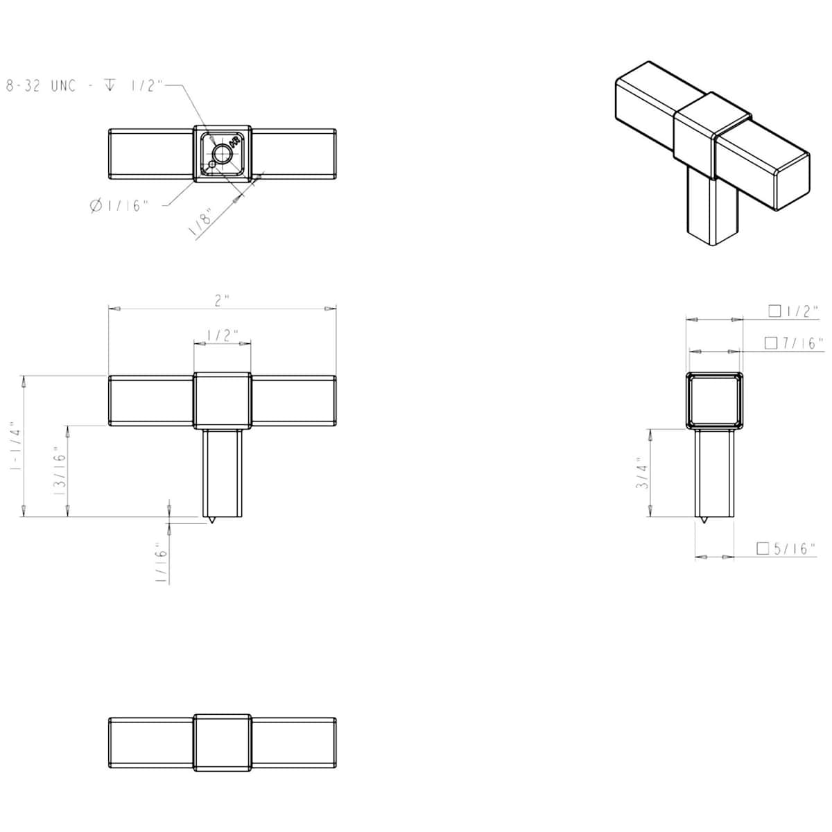 Jeffrey Alexander - 293T-NI - Zane 2" Square T Bar Cabinet Knob / Drawer Knob in Polished Nickel