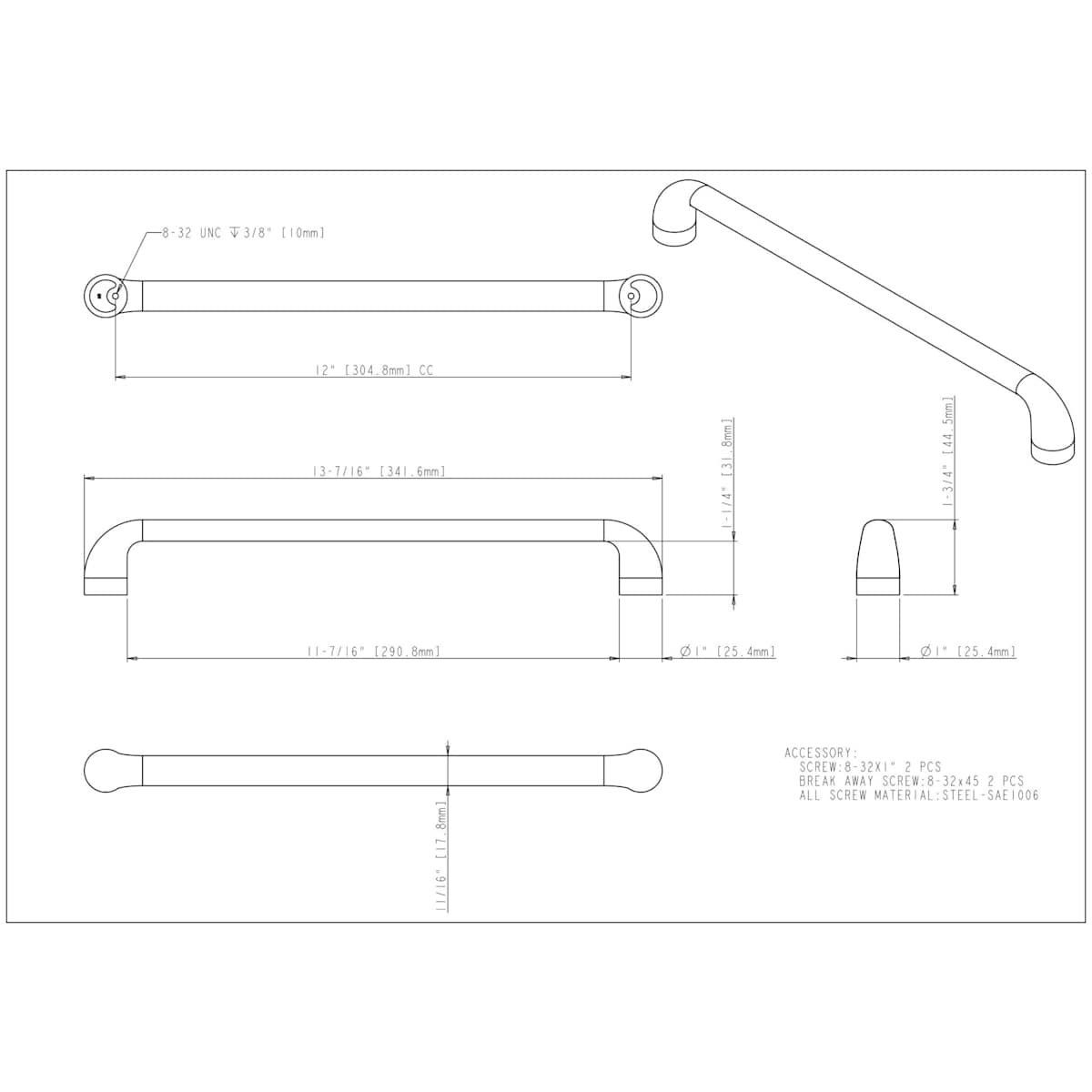 Jeffrey Alexander - 329-12PC - Loxley 12" Center to Center Smooth Elegant Rounded Corner Appliance Handle / Appliance Pull in Polished Chrome