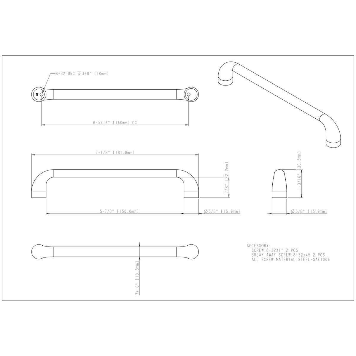 Jeffrey Alexander - 329-160PC - Loxley 6-5/16" (160mm) Center to Center Smooth Rounded Corner Cabinet Handle / Drawer Pull in Polished Chrome