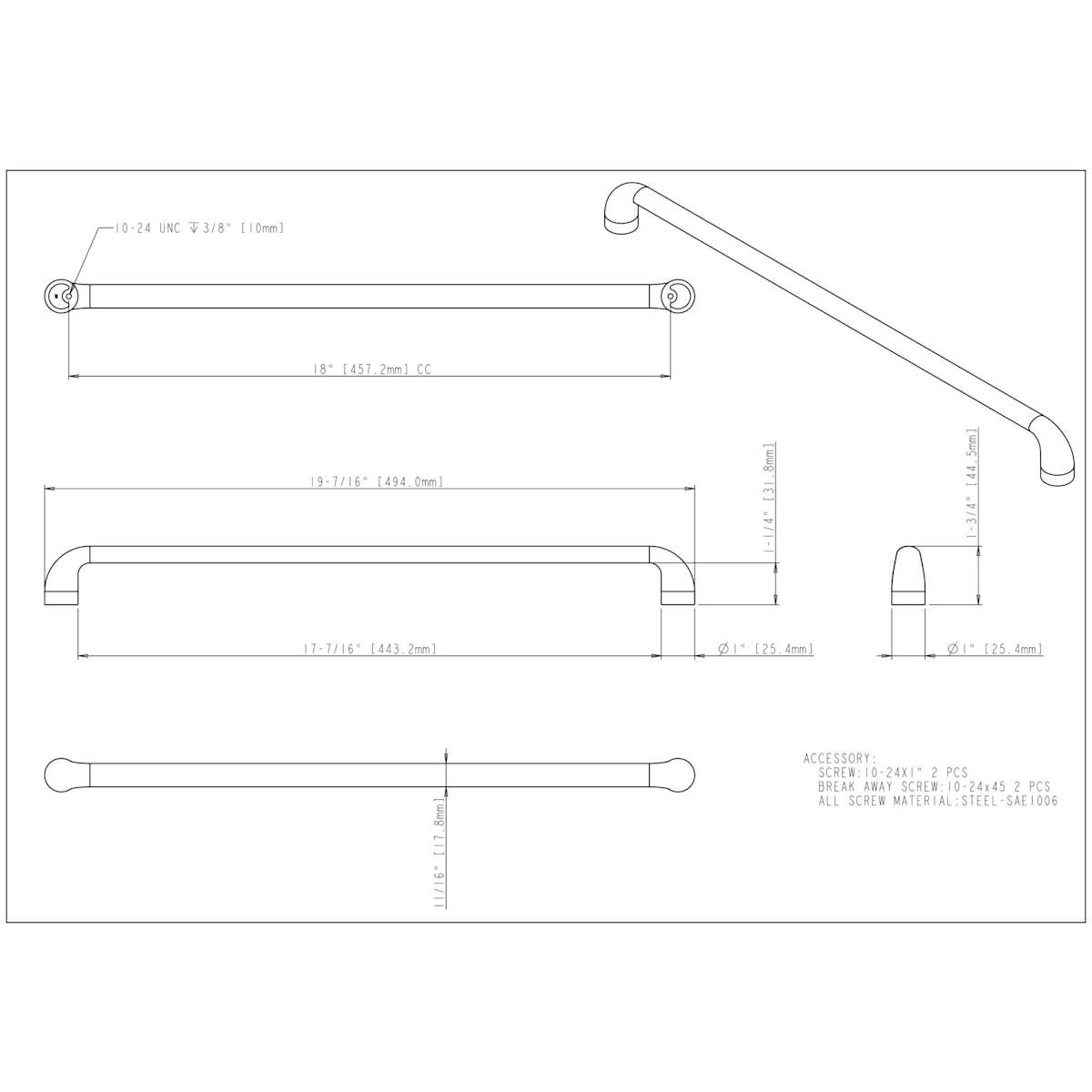 Jeffrey Alexander - 329-18DBAC - Loxley 18" Center to Center Smooth Corner Cabinet Handle / Drawer Pull in Brushed Oil Rubbed Bronze