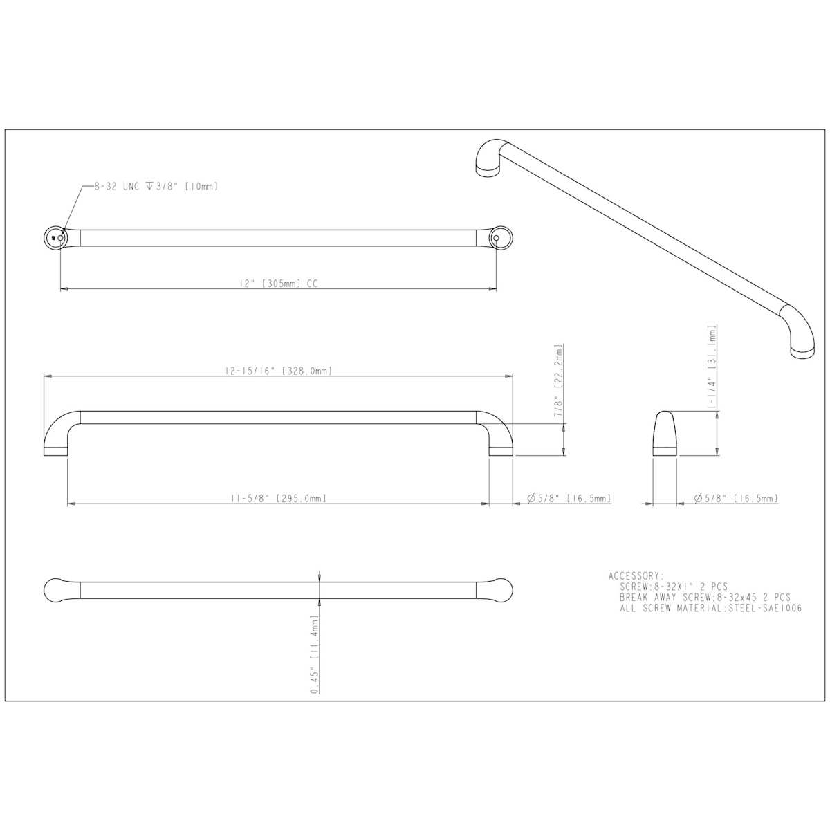 Jeffrey Alexander - 329-305SBZ - Loxley 12" Center to Center Smooth Rounded Corner Large Cabinet Handle / Drawer Pull in Satin Bronze