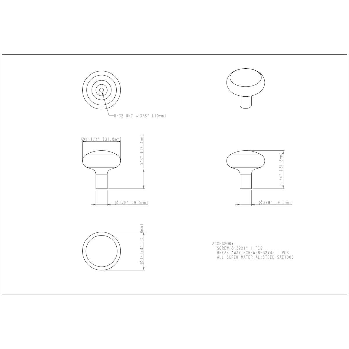 Jeffrey Alexander - 329BNBDL - Loxley 1-1/4" Mushroom Round Smooth Cabinet Knob / Drawer Knob in Brushed Pewter