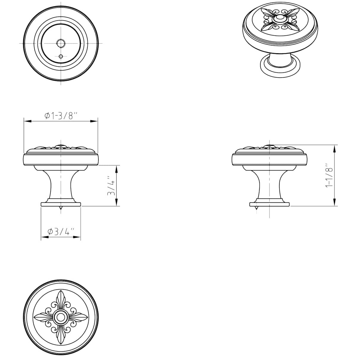 Jeffrey Alexander - 417ABSB - Lafayette 1-3/8" Round Baroque French Inspired Fleur De Lis Cabinet Knob / Drawer Knob in Antique Brushed Satin Brass