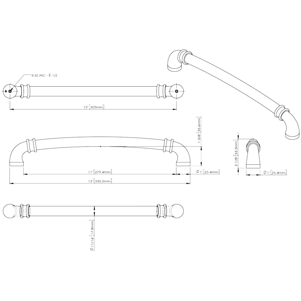 Jeffrey Alexander - 445-12MB - Marie 12" Center to Center Regal Elegant Appliance Handle / Pull with Cuff Detail in Matte Black
