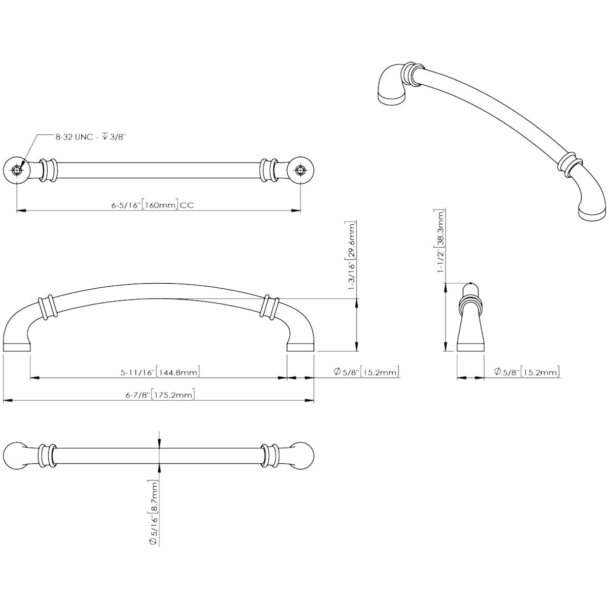 Jeffrey Alexander - 445-160BNBDL - Marie 6-5/16" Center to Center Regal Luxury Traditional Cabinet Handle / Drawer Pull with Cuff Details in Brushed Pewter