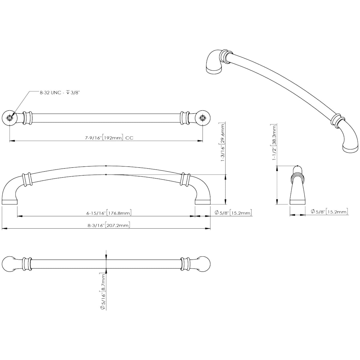 Jeffrey Alexander - 445-192DBAC - Marie 7-9/16" Center to Center Regal Luxury Traditional Cabinet Handle / Drawer Pull with Cuff Details in Brushed Oil Rubbed Bronze