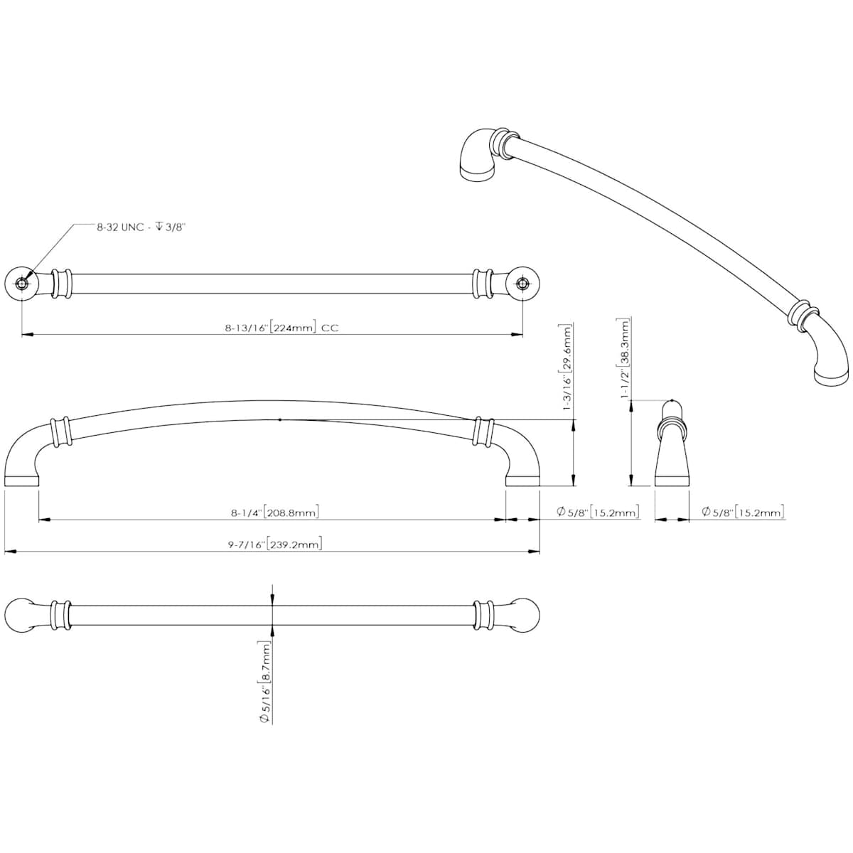 Jeffrey Alexander - 445-224MB - Marie 8-13/16" Center to Center Regal Luxury Traditional Cabinet Handle / Drawer Pull with Cuff Details in Matte Black