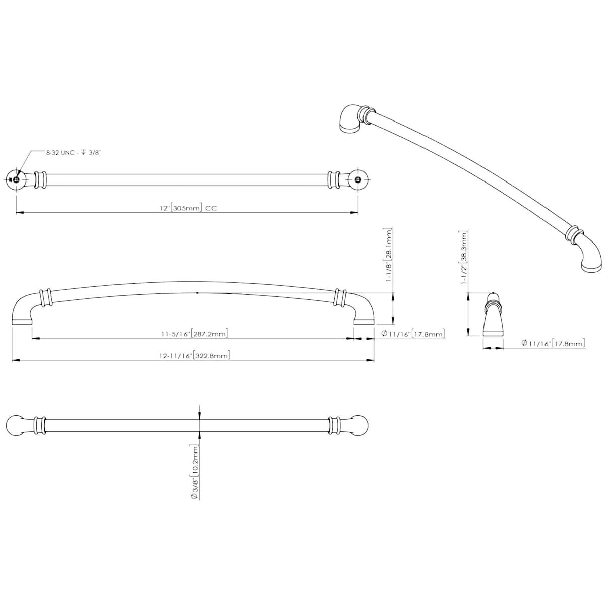 Jeffrey Alexander - 445-305PC - Marie 12" Center to Center Regal Luxury Traditional Large Cabinet Handle / Drawer Pull with Cuff Details in Polished Chrome