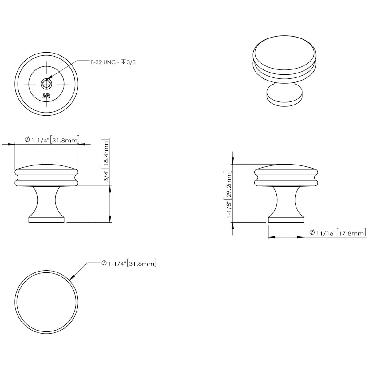 Jeffrey Alexander - 445BNBDL - Marie 1-1/4" Round Concave Edge Flat Mushroom Cabinet Knob / Drawer Knob in Brushed Pewter