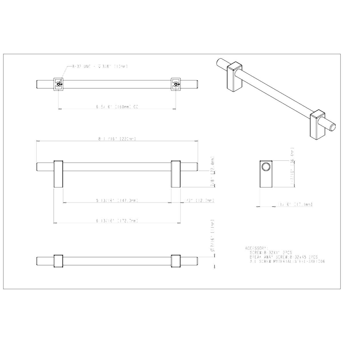 Jeffrey Alexander - 478-160MBPC - Larkin 6-5/16" (160 mm) Center to Center - Modern Industrial Smooth Cabinet Bar Handle / Drawer Bar Pull in Matte Black / Polished Chrome