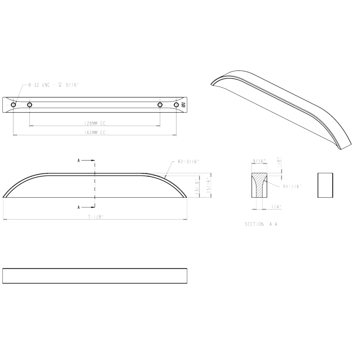 Jeffrey Alexander - 484-128160MB - Elara 5-1/16" (128 mm) or 6-5/16" (160 mm) Optional Center to Center European Style Flush Pinch Style Tab Solid Arched Cabinet Pull / Drawer Pull in Matte Black