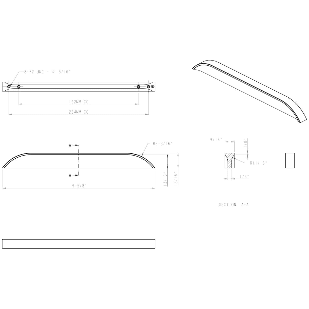 Jeffrey Alexander - 484-192224DBAC - Elara 7-9/16" (192 mm) or 8-13/16" (224) Center to Center European Style Flush Pinch Style Tab Solid Arched Cabinet Pull / Drawer Pull in Brushed Oil Rubbed Bronze