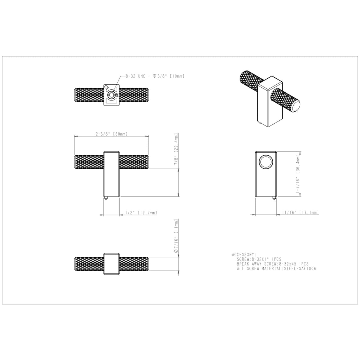 Jeffrey Alexander - 498T-BG - Larkin Center Knurled 2-3/8" Modern Industrial "T" Bar Cabinet Knob / Drawer Knob in Brushed Gold