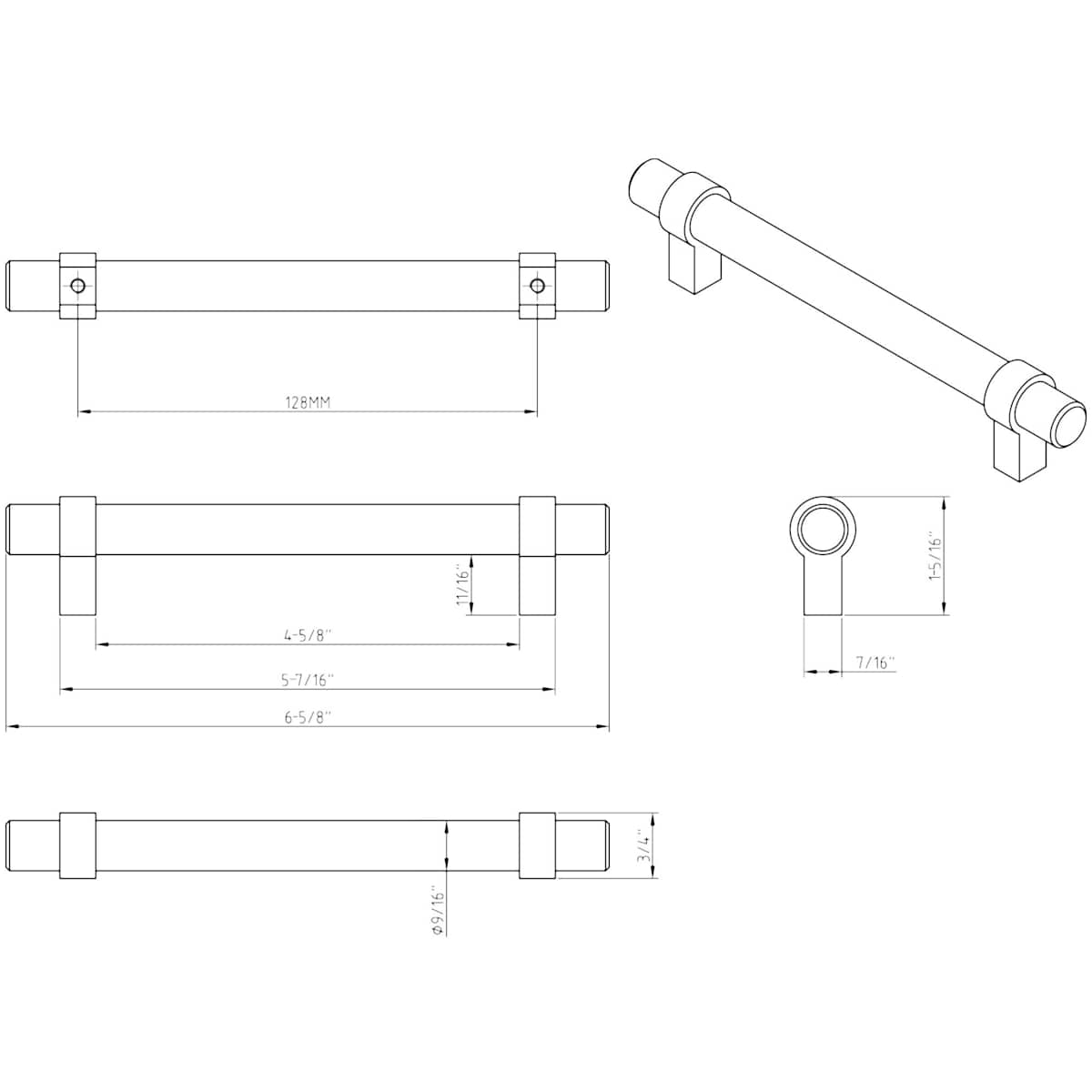 Jeffrey Alexander - 5128SN - Key Grande 5-1/16" (128 mm) Center to Center Modern Industrial Pipe Style Bar Cabinet Handle / Drawer Pull - Split Finish in Satin Nickel