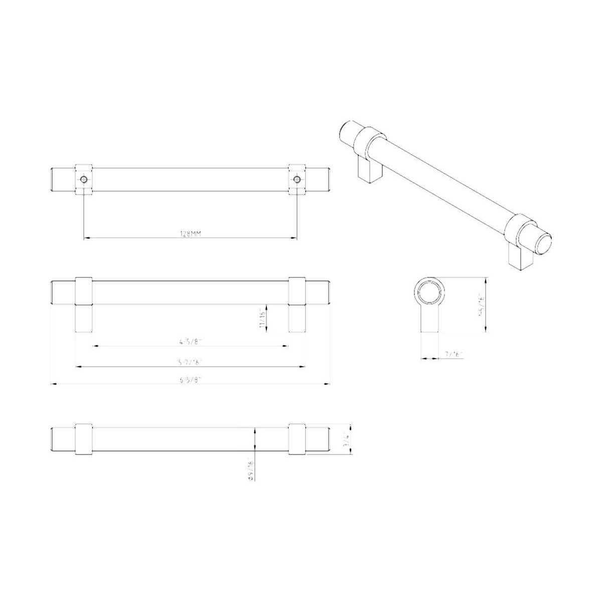 Jeffrey Alexander - 5128SN - Key Grande 5-1/16" (128 mm) Center to Center Modern Industrial Pipe Style Bar Cabinet Handle / Drawer Pull - Split Finish in Satin Nickel