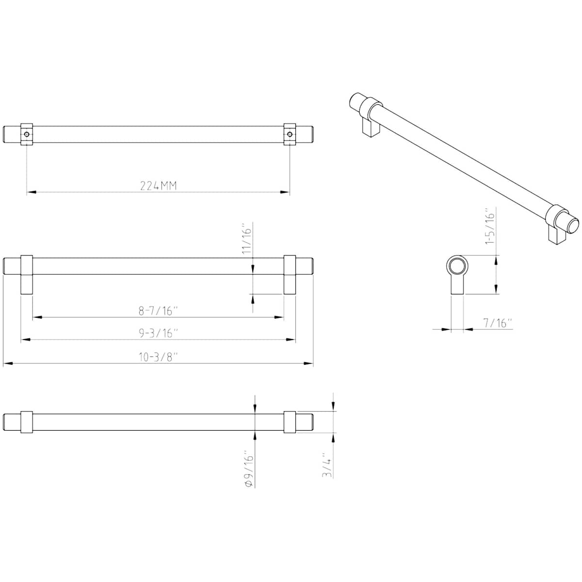 Jeffrey Alexander - 5224SN - Key Grande 8-13/16" (224 mm) Center to Center Modern Industrial Pipe Style Bar Cabinet Handle / Drawer Pull in Satin Nickel