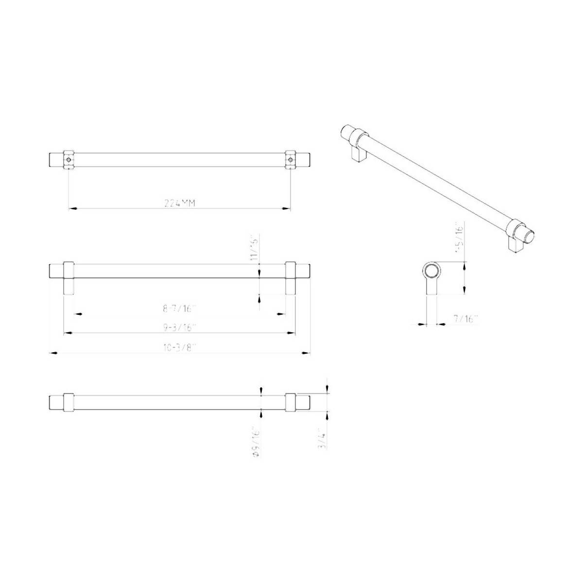 Jeffrey Alexander - 5224SN - Key Grande 8-13/16" (224 mm) Center to Center Modern Industrial Pipe Style Bar Cabinet Handle / Drawer Pull in Satin Nickel