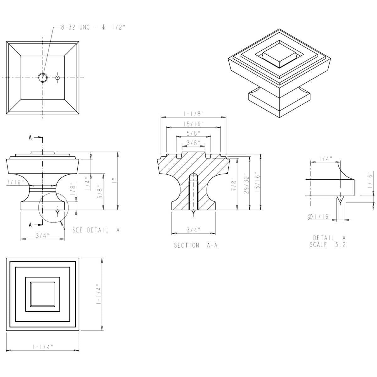 Jeffrey Alexander - 585L-SN - Delmar 1-1/4" Stacked Square Deco Mod Cabinet / Drawer Knob in Satin Nickel