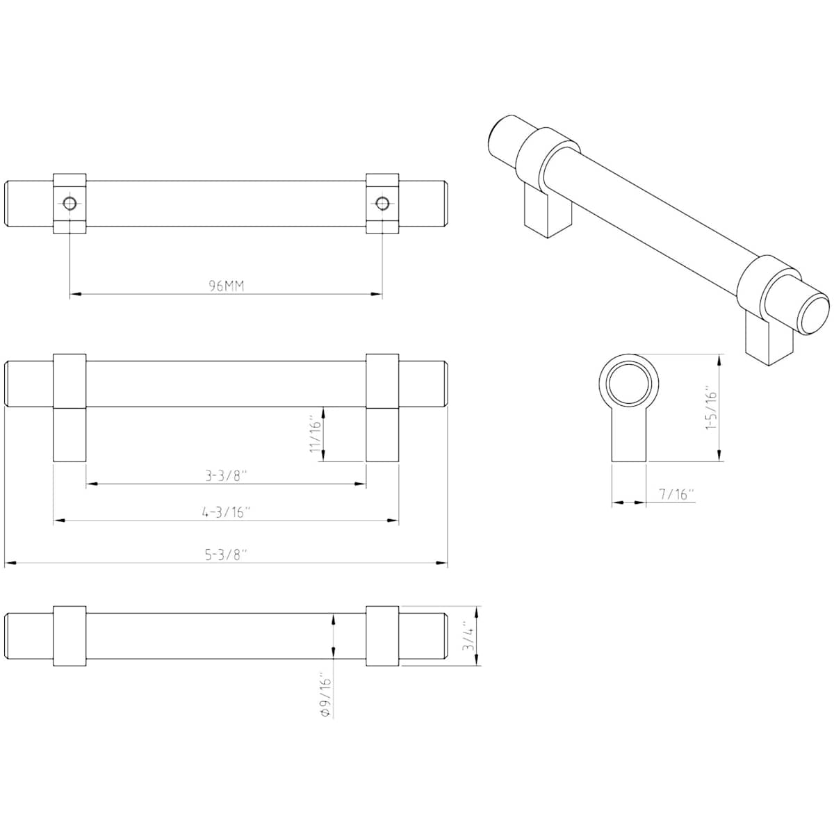 Jeffrey Alexander - 596SN - Key Grande 3-3/4" (96 mm) Center to Center Modern Industrial Pipe Style Bar Cabinet Handle / Drawer Pull in Satin Nickel