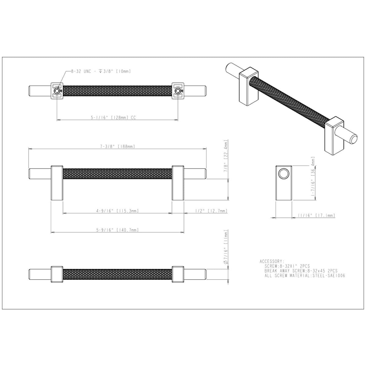 Jeffrey Alexander - 598-128SN - Larkin Center Knurled 5-1/16" Center to Center Modern Industrial Cabinet Bar Pull / Drawer Bar Handle in Satin Nickel