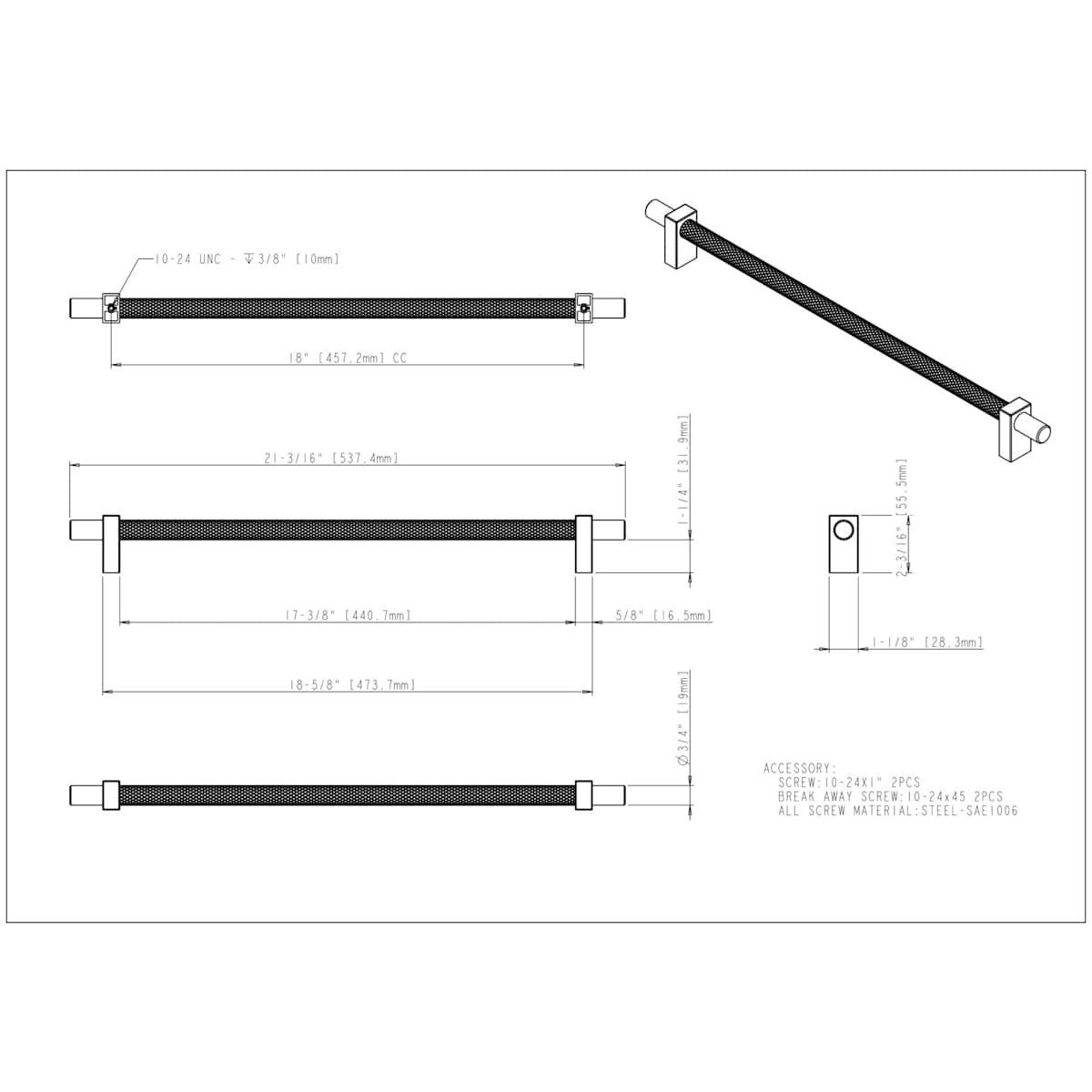 Jeffrey Alexander - 598-18BG - Larkin Center Knurled 18" Center to Center Modern Industrial Appliance Bar Handle / Appliance Bar Pull in Brushed Gold