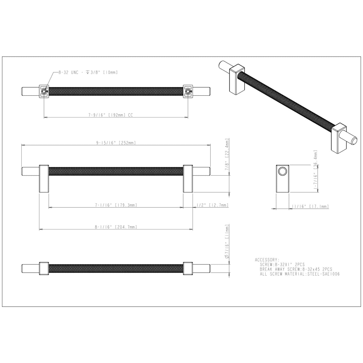 Jeffrey Alexander - 598-192SBZ - Larkin Center Knurled 7-9/16" Center to Center Modern Industrial Cabinet Bar Handle / Drawer Bar Pull in Satin Bronze