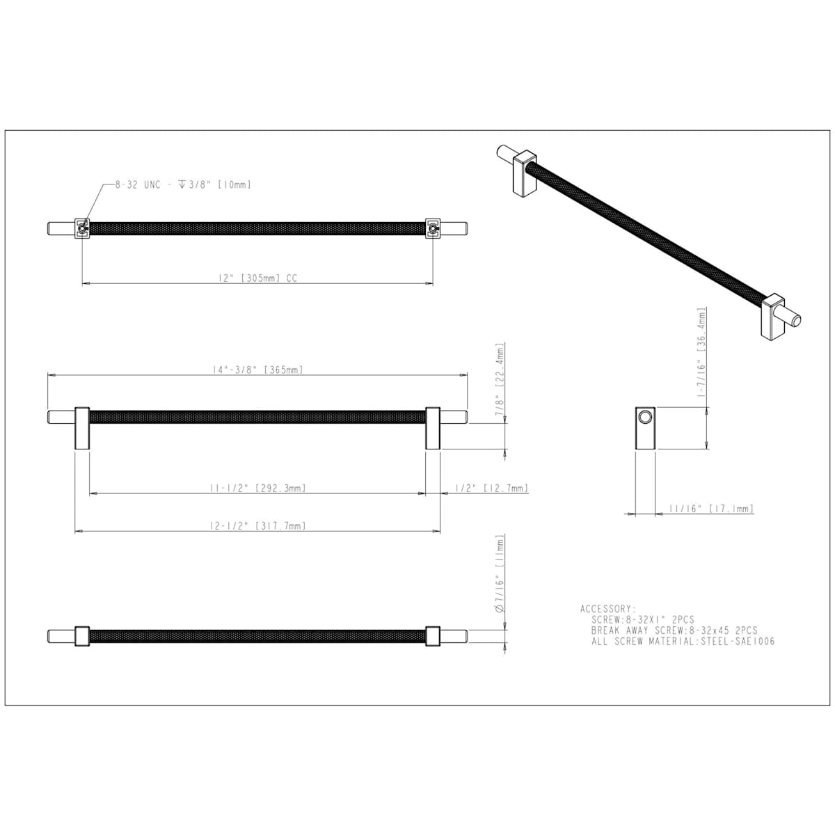 Jeffrey Alexander - 598-305SBZ - Larkin Center Knurled 12" (305mm) Center to Center Modern Industrial Large Cabinet Bar Handle / Drawer Bar Pull in Satin Bronze