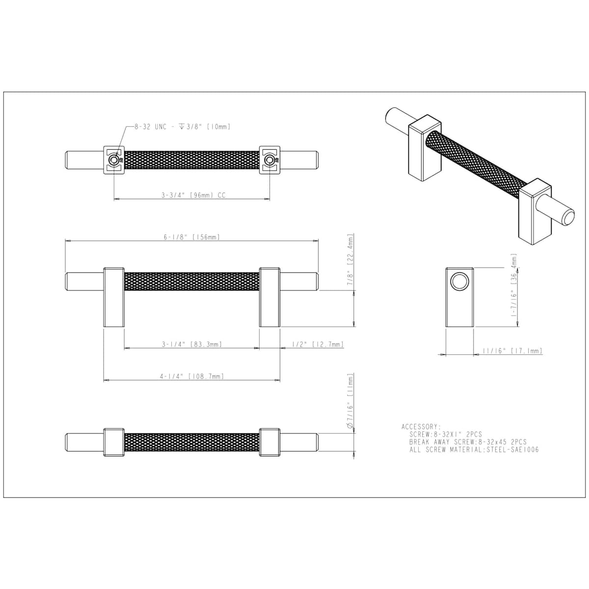 Jeffrey Alexander - 598-96SBZ - Larkin Center Knurled 3-3/4" (96mm) Center to Center Modern Industrial Cabinet Bar Handle / Drawer Bar Pull in Satin Bronze
