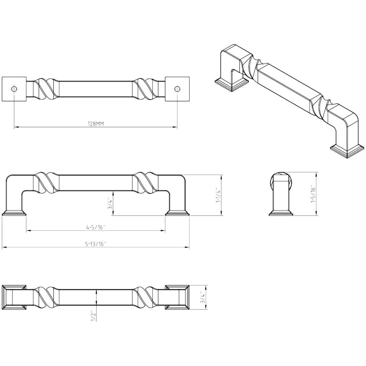 Jeffrey Alexander - 602-128SIM - Tahoe 5-1/16" (128mm) Center to Center Mountain Lodge Style Square Cabinet Handle / Drawer Pull in Distressed Antique Silver