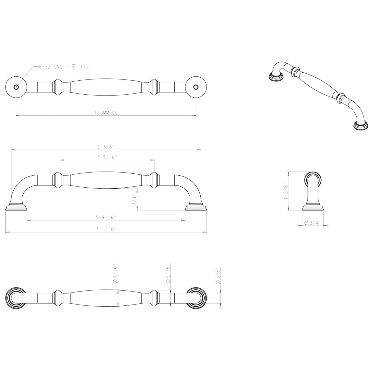 Jeffrey Alexander - 658-160PC - Tiffany 6-5/16" (160 mm) Center to Center Classic Transitional Cabinet Handle / Drawer Pull with Step Details in Polished Chrome