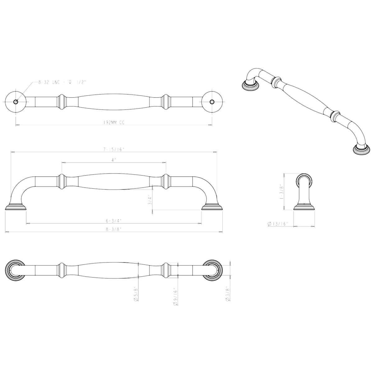 Jeffrey Alexander - 658-192PC - Tiffany 7-9/16" (192 mm) Center to Center Classic Transitional Cabinet Handle / Drawer Pull with Step Details in Polished Chrome