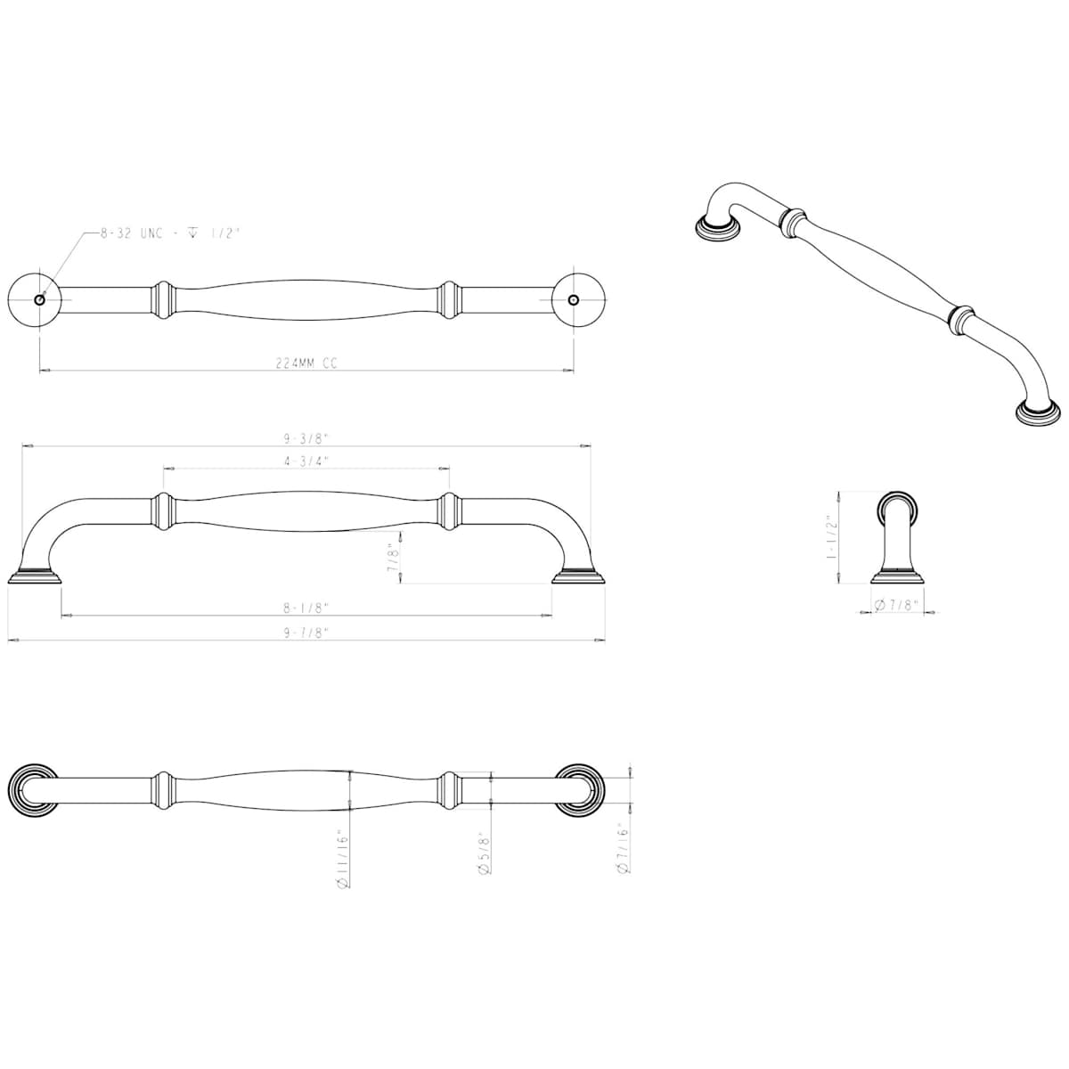 Jeffrey Alexander - 658-224SN - Tiffany 8-13/16" (224 mm) Center to Center Classic Transitional Barrel Cabinet Handle / Drawer Pull in Satin Nickel