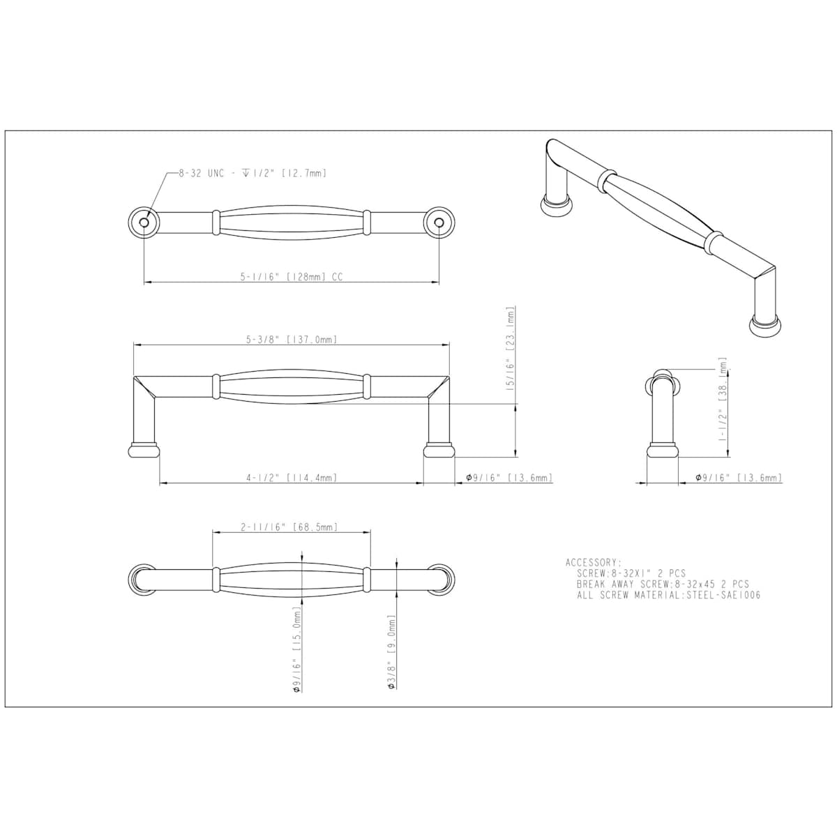 Jeffrey Alexander - 686-128DBAC - Southerland 5-1/16" (128mm) Center to Center Traditional Ridged Barrel Cabinet Handle / Drawer Pull in Brushed Oil Rubbed Bronze