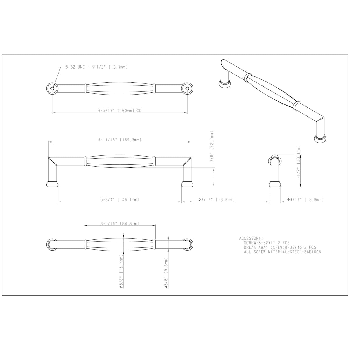 Jeffrey Alexander - 686-160DBAC - Southerland 6-5/16" (160mm) Center to Center Traditional Ridged Barrel Cabinet Handle / Drawer Pull in Brushed Oil Rubbed Bronze