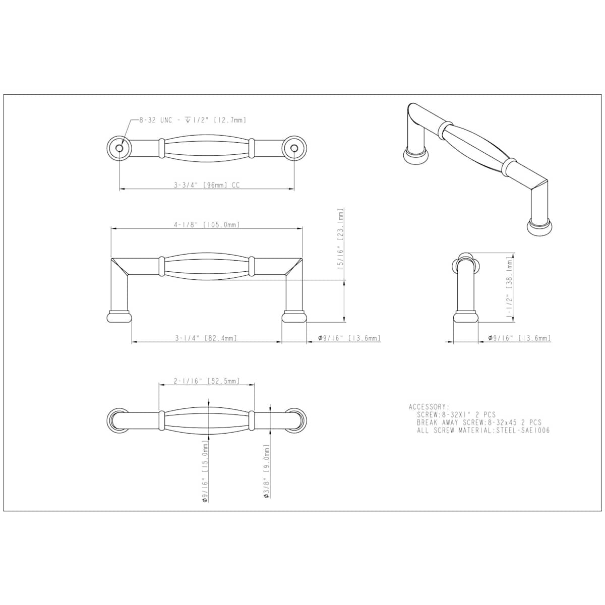 Jeffrey Alexander - 686-96SN - Southerland 3-3/4" (96mm) Center to Center Traditional Ridged Barrel Cabinet Handle / Drawer Pull in Satin Nickel