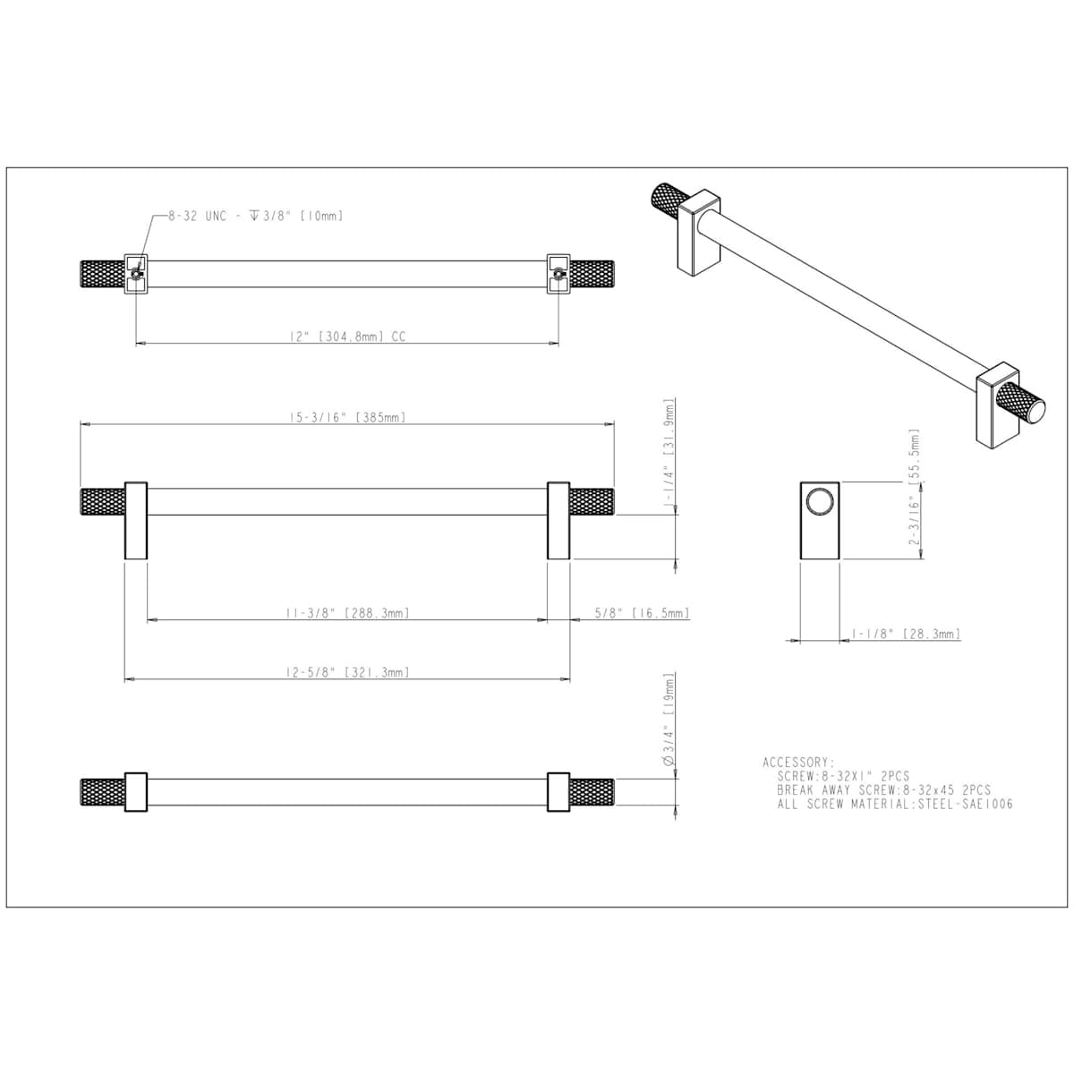 Jeffrey Alexander - 698-12SBZ - Larkin Outer Knurled 12" Center to Center Modern Industrial Appliance Bar Handle / Appliance Bar Pull in Satin Bronze