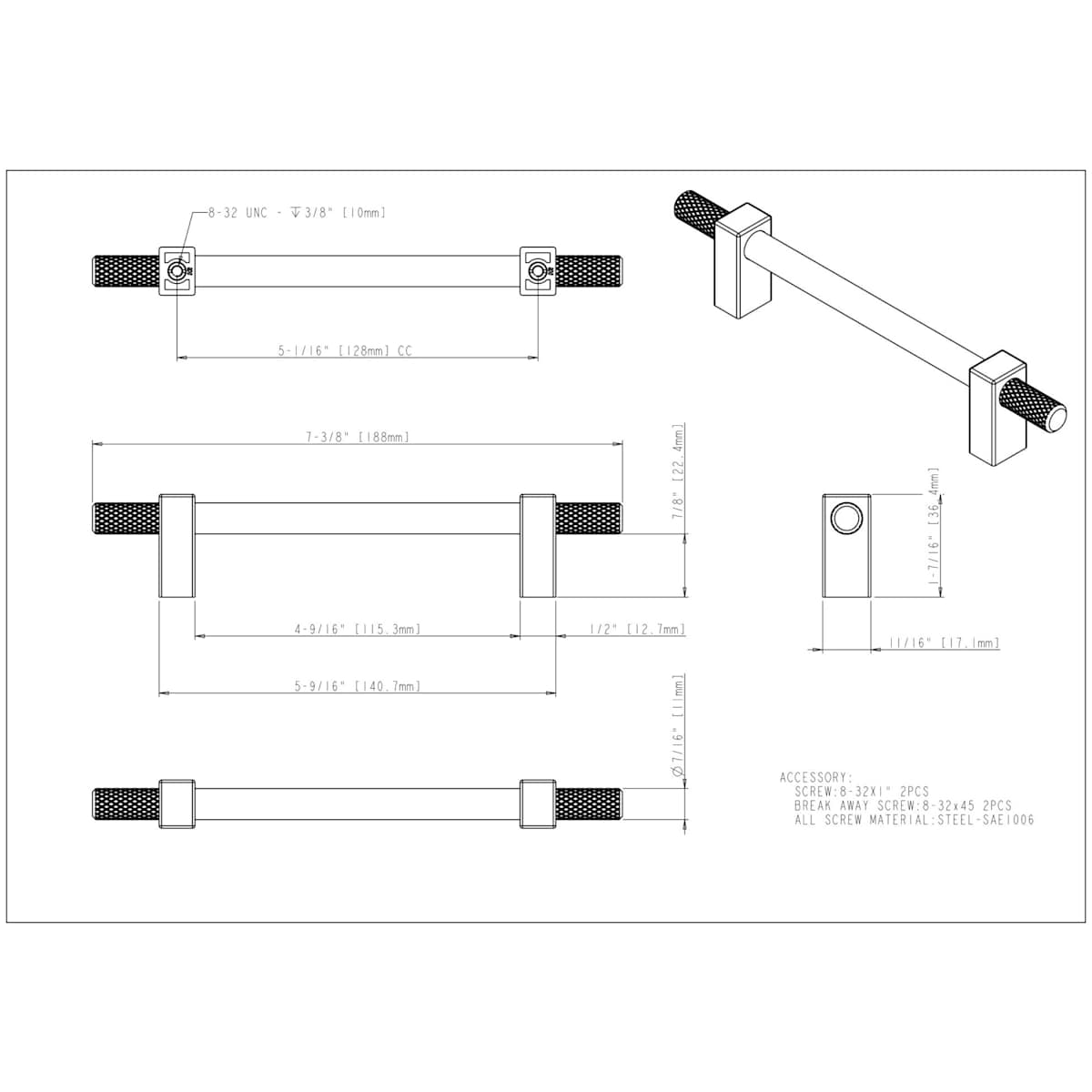 Jeffrey Alexander - 698-128MB - Larkin Outer Knurled 5-1/16" (128mm) Center to Center Modern Industrial Cabinet Bar Handle / Drawer Bar Pull in Matte Black