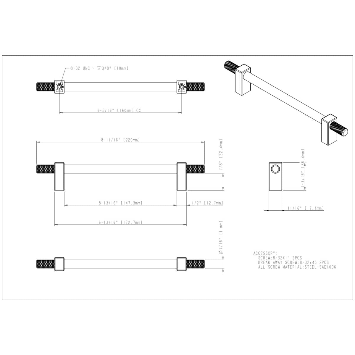 Jeffrey Alexander - 698-160SN - Larkin Outer Knurled 6-5/16" (160mm) Center to Center Modern Industrial Cabinet Bar Handle / Drawer Bar Pull in Satin Nickel