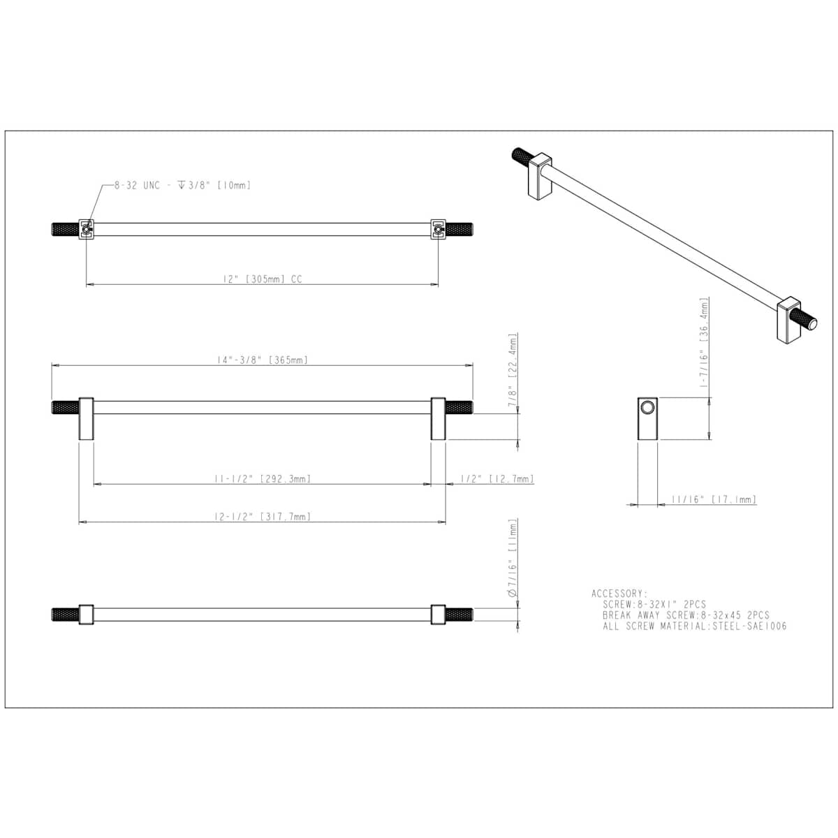 Jeffrey Alexander - 698-305SBZ - Larkin Outer Knurled 12" (305mm) Center to Center Modern Industrial Large Cabinet Bar Handle /  Drawer Bar Pull in Satin Bronze