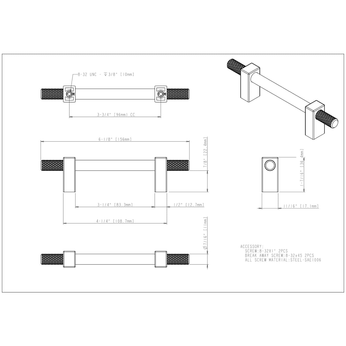 Jeffrey Alexander - 698-96SN - Larkin Outer Knurled 3-3/4" (96mm) Center to Center Modern Industrial Cabinet Bar Handle / Drawer Bar Pull in Satin Nickel