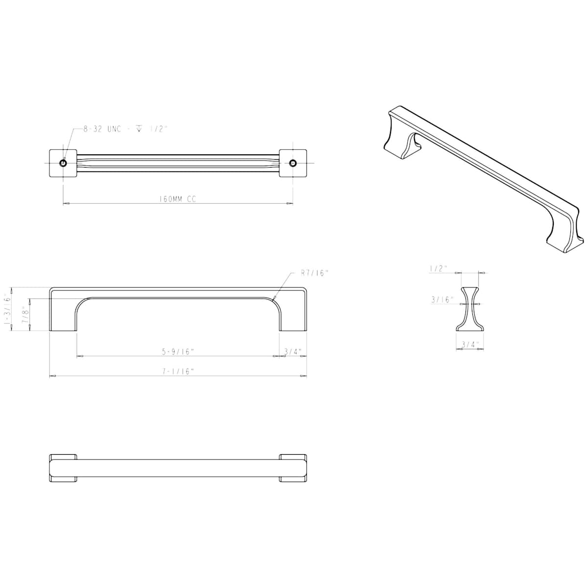 Jeffrey Alexander - 752-160MB - Sullivan 6-5/16" Center to Center Fluted Square Cabinet Handle / Drawer Pull in Matte Black