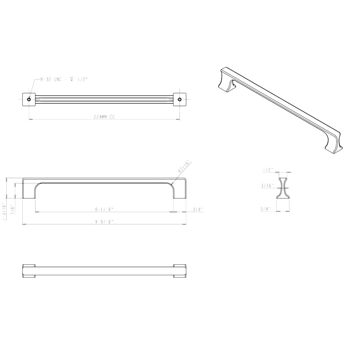 Jeffrey Alexander - 752-224DBAC - Sullivan 8-13/16" Center to Center Bridge Style Contemporary Cabinet Handle / Drawer Pull in Brushed Oil Rubbed Bronze