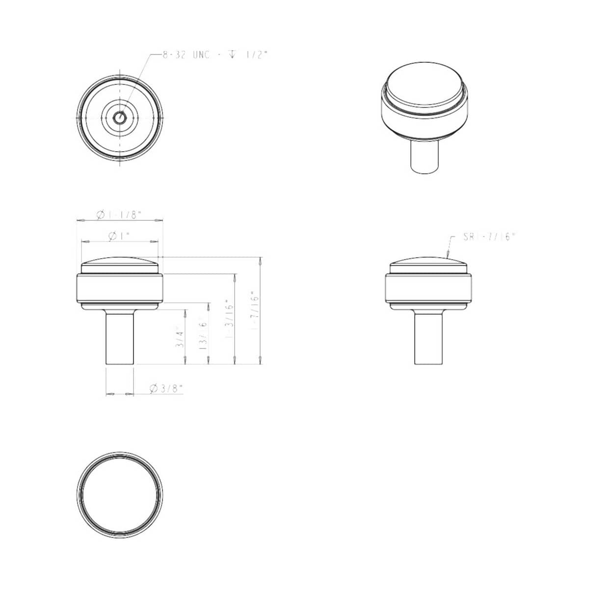Jeffrey Alexander - 775MB - Carmen 1-1/8" Glam Industrial Round Flat Clear Acrylic Mushroom Cabinet Knob / Drawer Knob with Metal Mount in Matte Black
