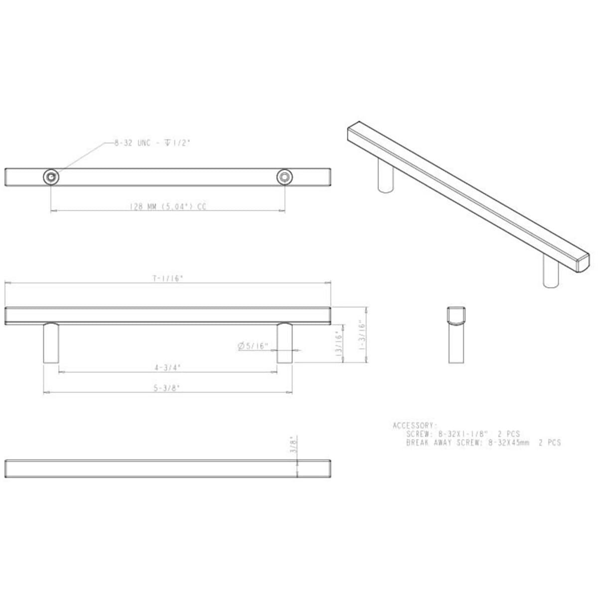Jeffrey Alexander - 845-128PC - Dominique 5-1/16" (128 mm) Center to Center Square Bar Cabinet Handle / Drawer Pull in Polished Chrome