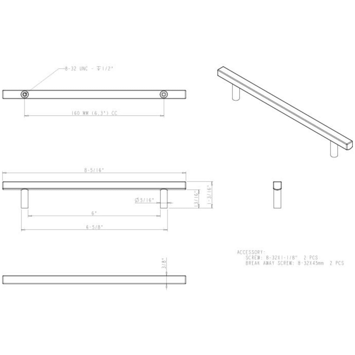 Jeffrey Alexander - 845-160SN - Dominique 6-5/16" (160 mm) Center to Center Square Bar Cabinet Handle / Drawer Pull in Satin Nickel