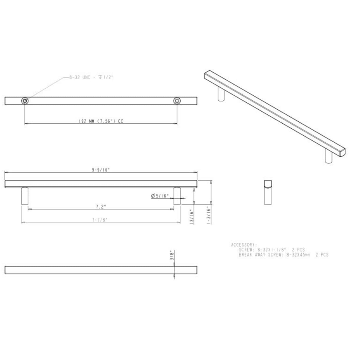 Jeffrey Alexander - 845-192DBAC - Dominique 7-9/16" (192 mm) Center to Center Square Bar Cabinet Handle / Drawer Pull in Brushed Oil Rubbed Bronze