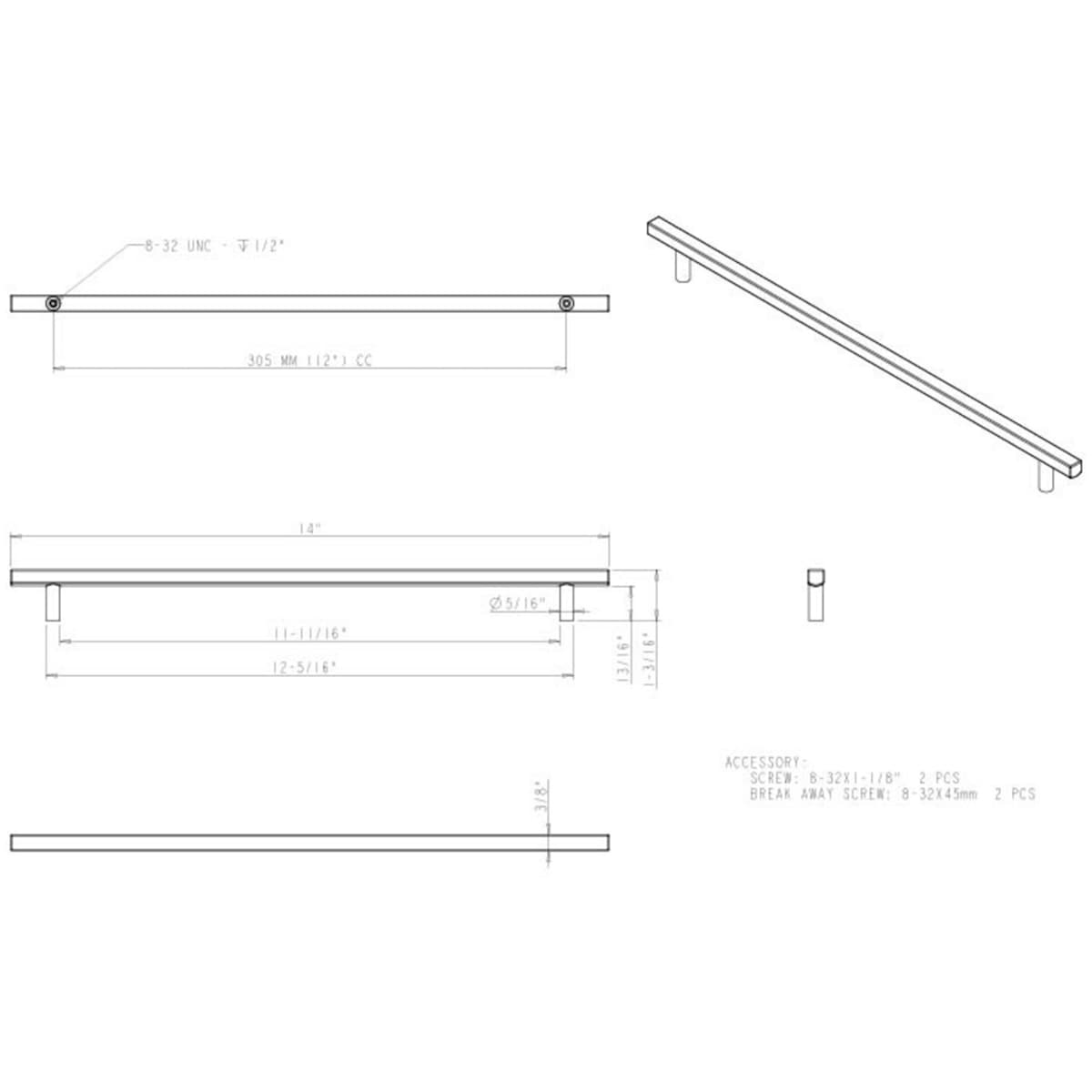 Jeffrey Alexander - 845-305MB - Dominique 12" (305 mm) Center to Center Square Bar Large Cabinet Handle / Drawer Pull in Matte Black