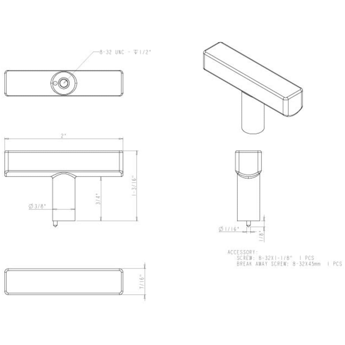 Jeffrey Alexander - 845T-PC - Dominique 2 Inch Square "T" Bar Cabinet Knob / Drawer Knob in Polished Chrome